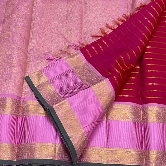 Peony Sringara Velthari — Pure Kanchipuram Silk Saree
Rani magenta body with gold velthari stripes and peony-pink chevron zari border
Silk Mark Certified • Free Shipping within USA • Ships in Two Weeks ✅