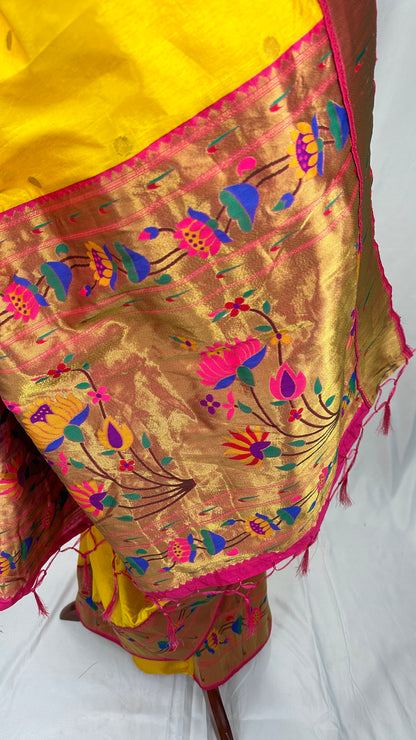 Paithani soft silk saree and embroidered blouse - Yellow and Pink