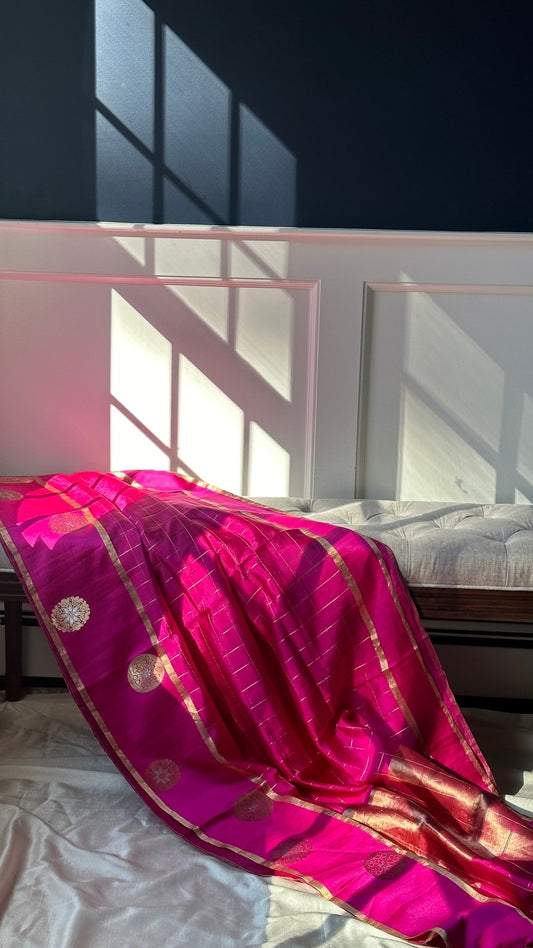 Checkered Pink Kadhwa — Pure Silk Banarasi Saree silk mark certified. 
Raw mango styke ,handwoven - intricate Kadhwa weave, zari motifs & a zari-striped blouse.
Custom Color Option Available  • Ships in 15–20 Days , free shipping within usa