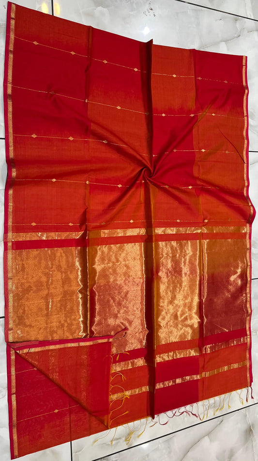 Saanvi – Orange Maheshwari Handloom Saree with Zari Work
Vibrant and elegant, this handwoven orange Maheshwari saree features a lustrous silk-cotton blend with delicate zari work. Lightweight and graceful, it’s perfect for festive occasions.