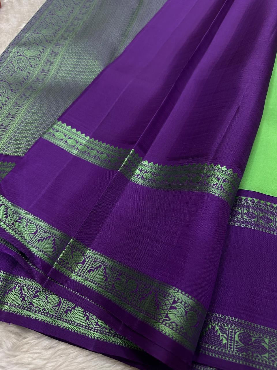 Varsha – Parrot Green & Purple Pure Silk Kanchipuram Saree with Rain-Inspired Thread Buttas - Zari less silk thread version