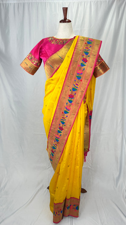 Paithani soft silk saree and embroidered blouse - Yellow and Pink