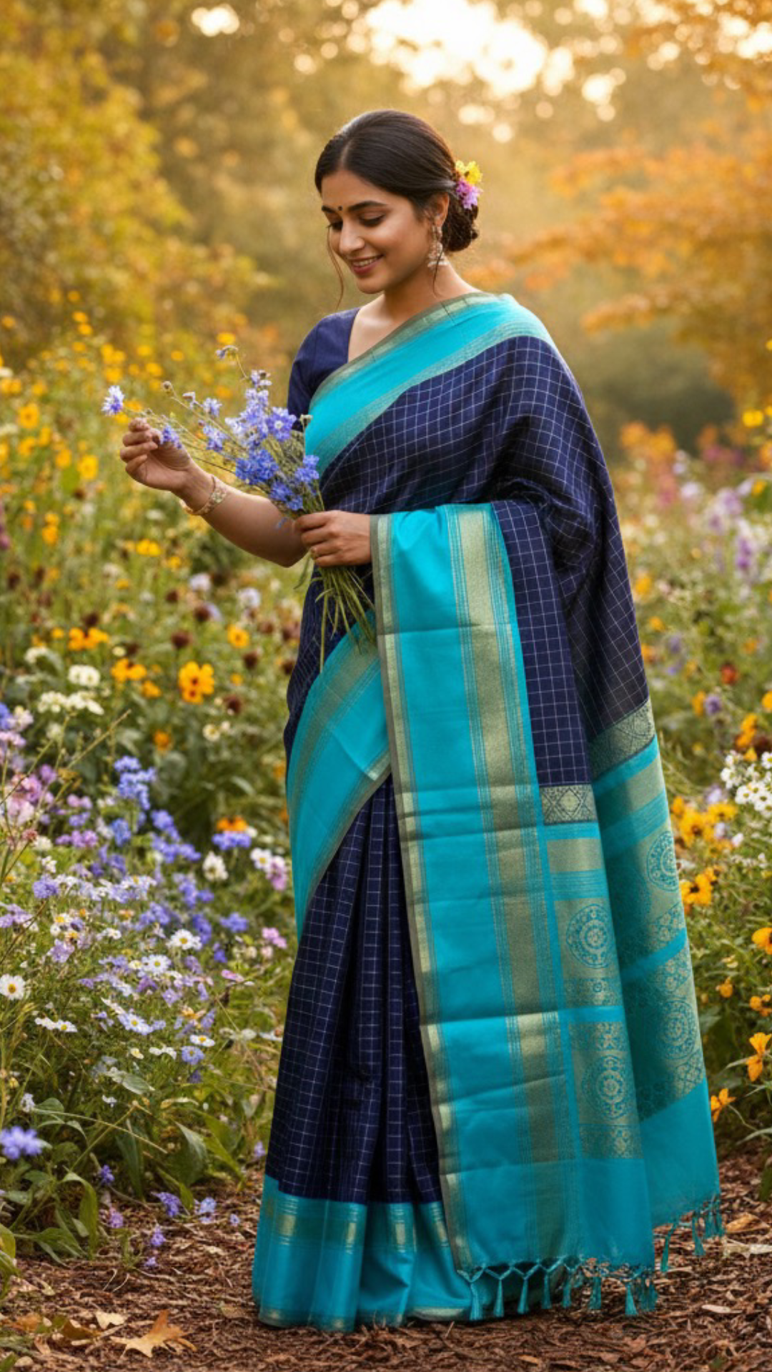Indigo Teal Kattam – Pure Silk Kanchipuram Saree
Deep Indigo Body with zari Kattam Checks
Teal Contrast Korvai Border with maanga pet and mayil kann border, maanthulir selvedge  , silk mark certified -ships in two weeks