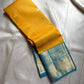 This radiant yellow pure silk drape is elevated by an exquisite and unexpected pairing — a serene sky blue border, making it both eye-catching and rare. Fine zari checks shimmer gently across the body, timeless bavaanji border