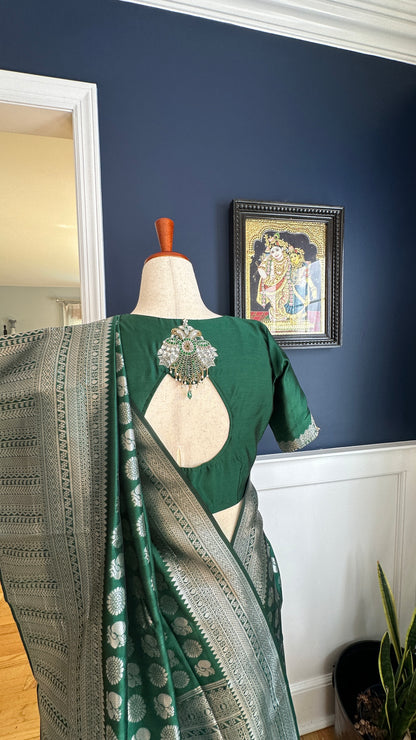 Green silver and gold Saree with peacock motif embroidery embellished with temple jewelry style stone work