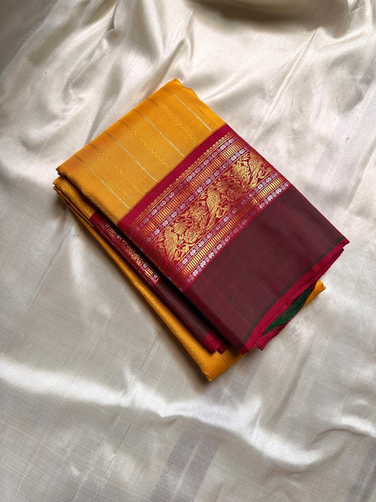 Sundaram - Bathed in the golden glow of ripe mangoes, this mambazham yellow silk saree features graceful vertical veldari stripes and delicate Sonarupa zari work. Woven with nature-inspired bird and foliage motifs