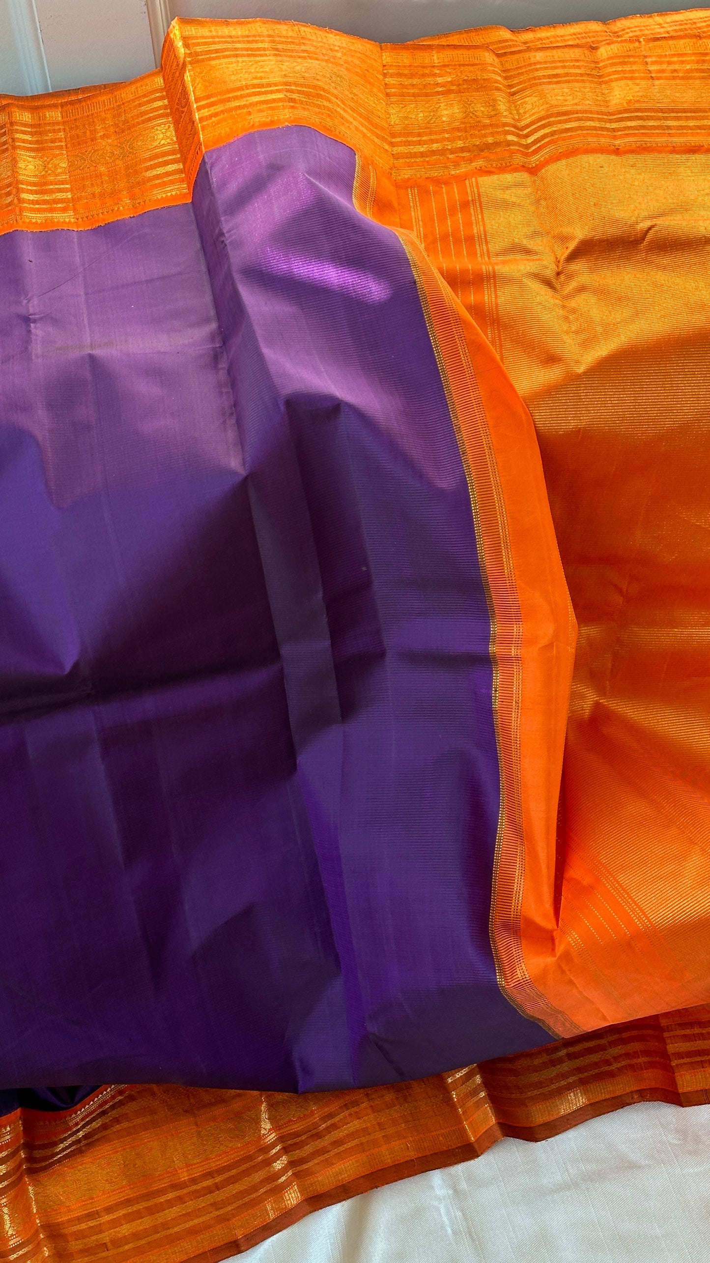 Pure silk Kanchipuram - silk mark - grape purple and tangerine orange