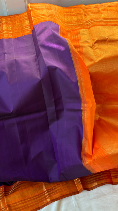 Pure silk Kanchipuram - silk mark - grape purple and tangerine orange