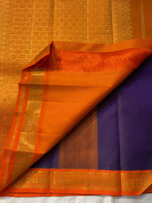 Amara Vairaoosi – Kanchipuram Pure Silk Saree ✨
Purple Vairaoosi Body with Fine zari Pinstripes
Striking Orange Korvai Zari Border
Molten Orange Grand Zari Pallu

Silk Mark Certified, delivery in 2 weeks