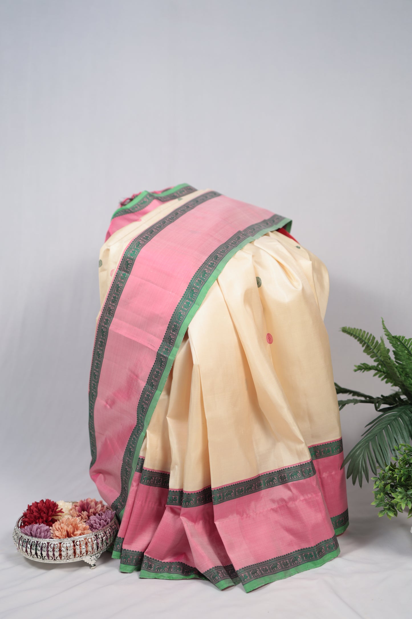 Ivory & Lotus Pink No-Zari Kanchipuram Silk Saree
