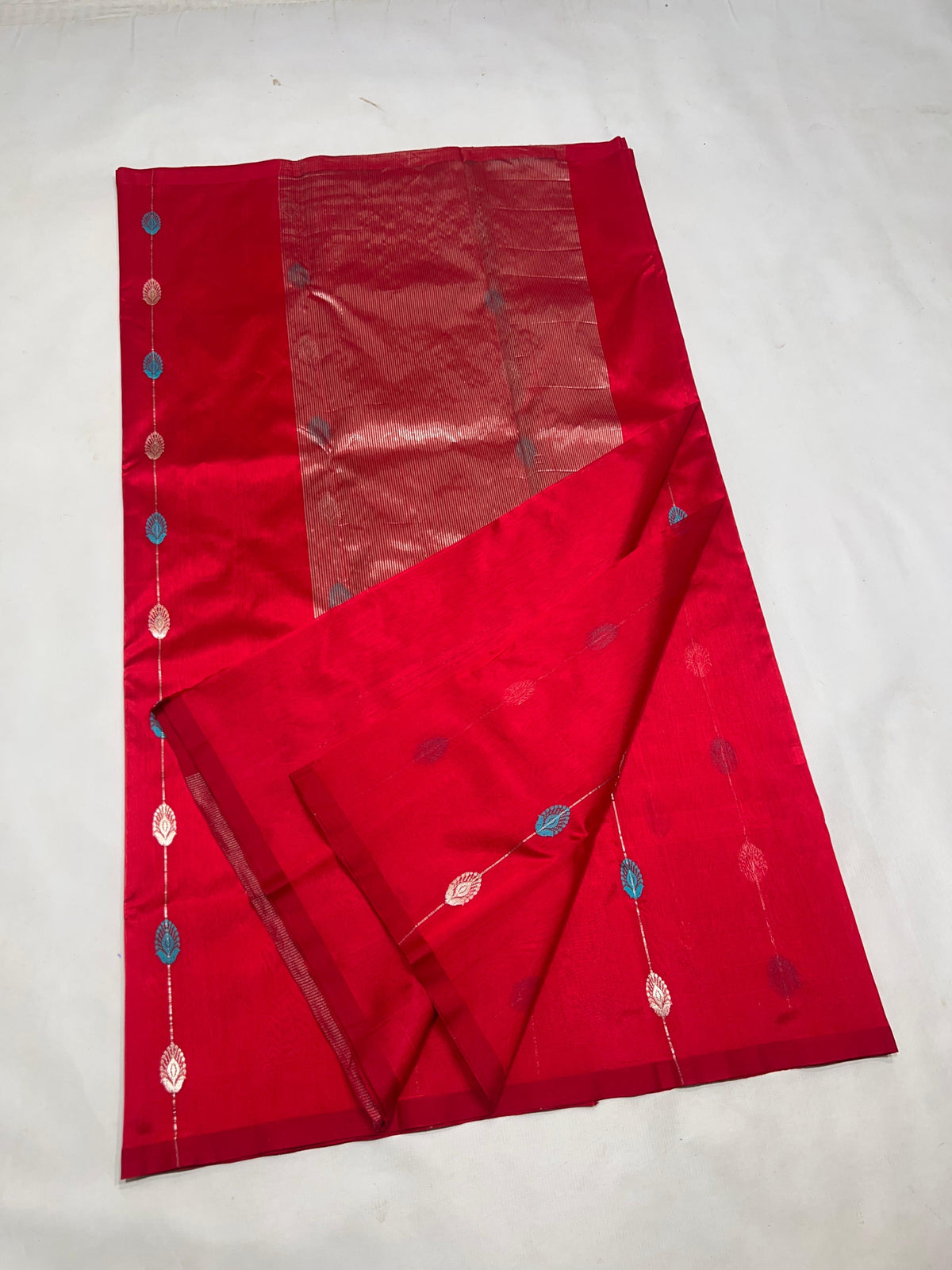 Ruby crimson Pattu Silk Chanderi saree draped view