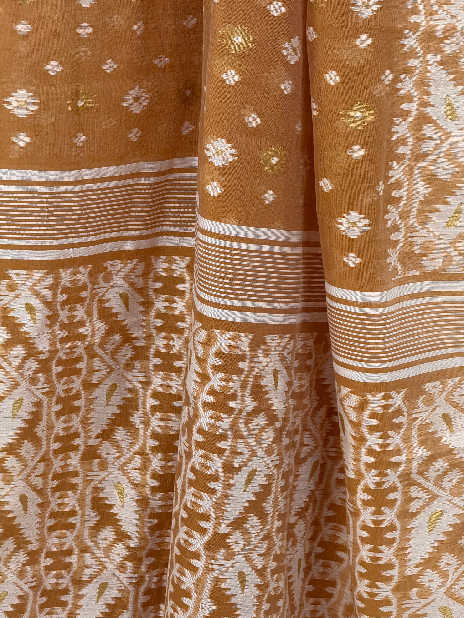 Biscuit-brown Jamdani handloom saree with ivory woven border and buttas