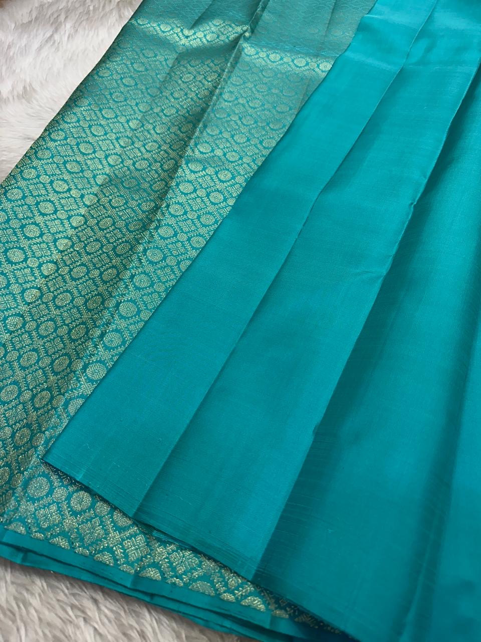Blue - Pure silk Kanchipuram handloom saree with contemporary gold and silver Zari leaf motifs on border and Pallu