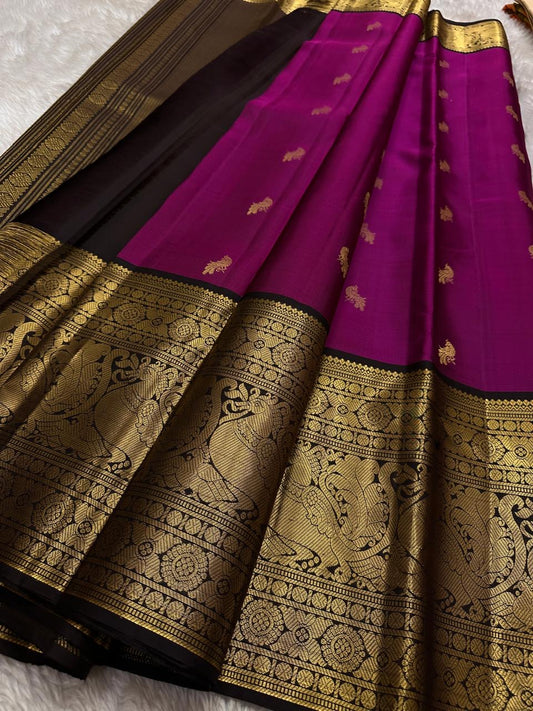 pink pure silk Kanchipuram with elaborate Zari peacock motif Vanasingaram border with deep brown Pallu