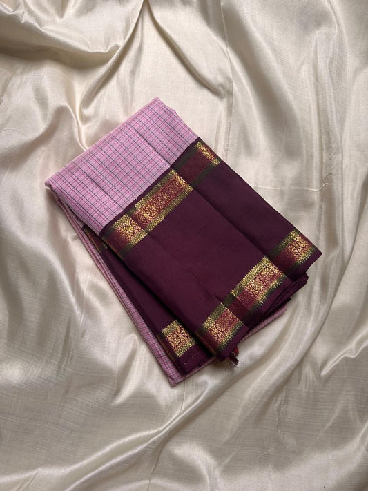 Kanchi kattam with pink and brown arakku border with Rudhraksham kamalam rettapet border - seer Pallu