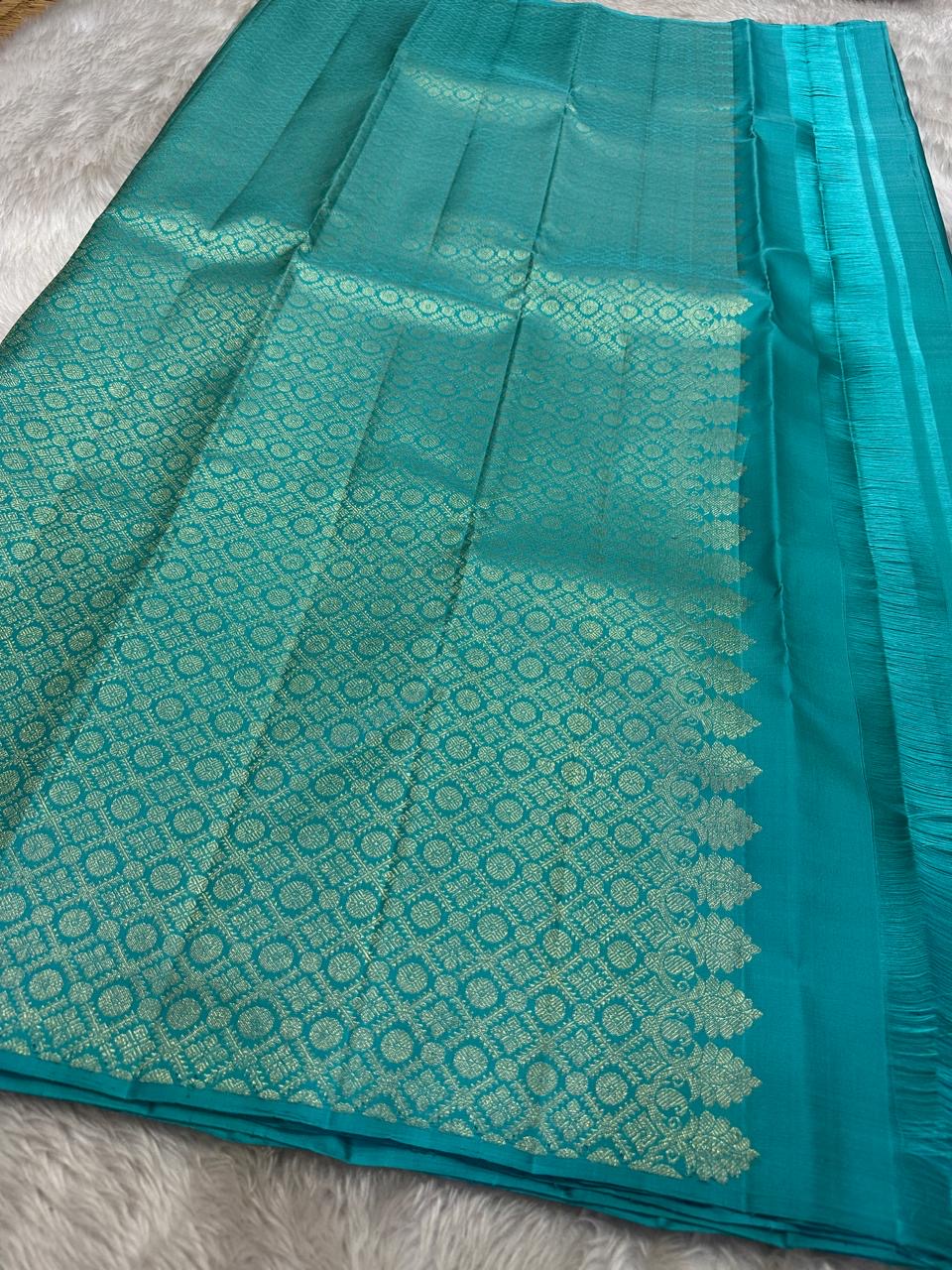Blue - Pure silk Kanchipuram handloom saree with contemporary gold and silver Zari leaf motifs on border and Pallu