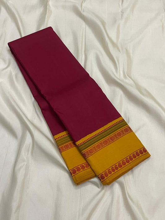 Turmeric Saffron Rettapettu — Pure Kanchipuram Silk
Rani pink body with saffron-yellow twin rettapettu borders & temple thread motifs
Silk Mark Certified • Free Shipping within USA • Ships in Two Weeks