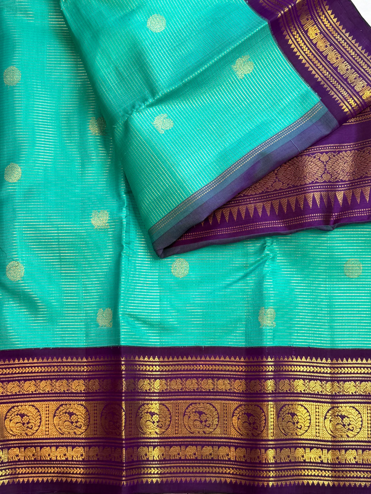 Aqua Vairaoosi pure silk Kanchipuram saree with gold buttas and purple Kai Korvai Varisaipet border, Idam Living (photo 3 of 5)