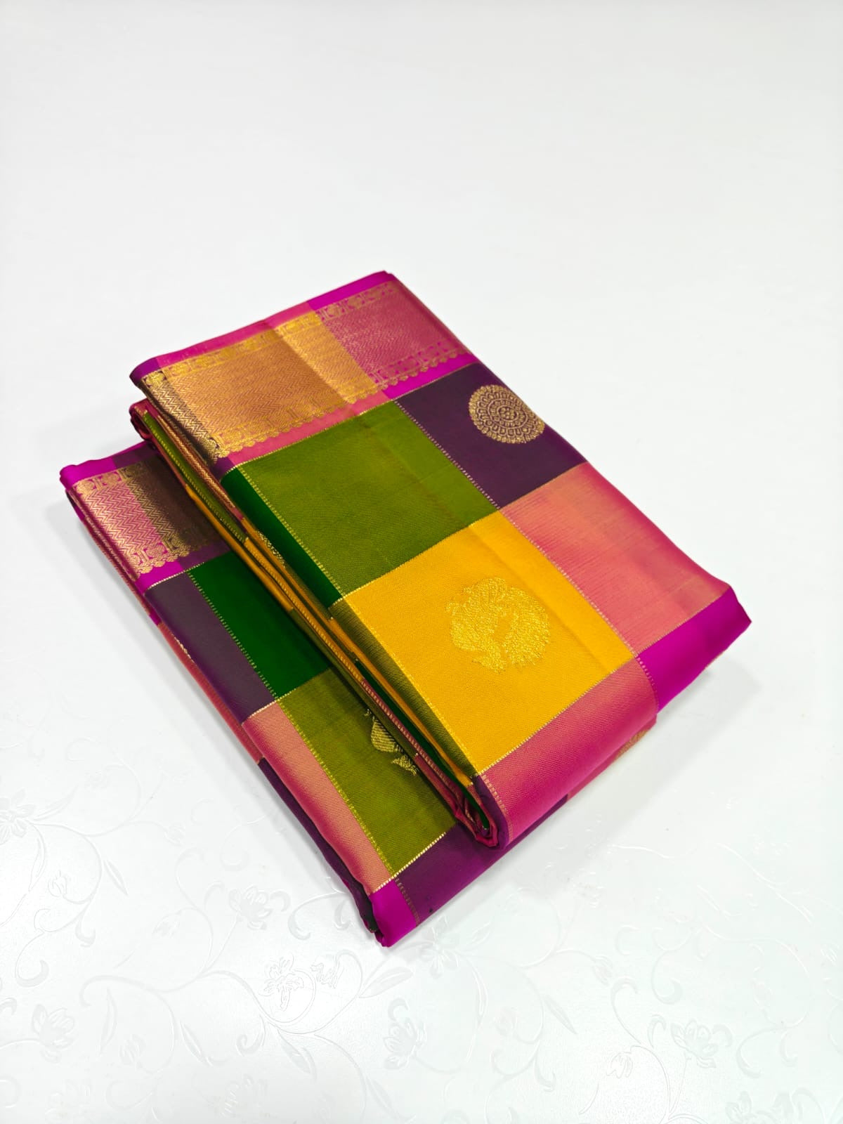 Navaratnam Paalum Palamum ✨ – Pure Kanchipuram Silk Saree
Multi-Color Kattam with Zari Mandala Buttas
Rani Magenta Korvai Border & Grand Zari Brocade Pallu
Contrast Rani Magenta Blouse with Matching Zari Border
Silk Mark Certified ✅ | Ships in 2 weeks
