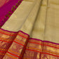 Muted Olive Gold pure silk Kanjeevaram Varisaipet saree with Rani Pink and orange gold zari border.