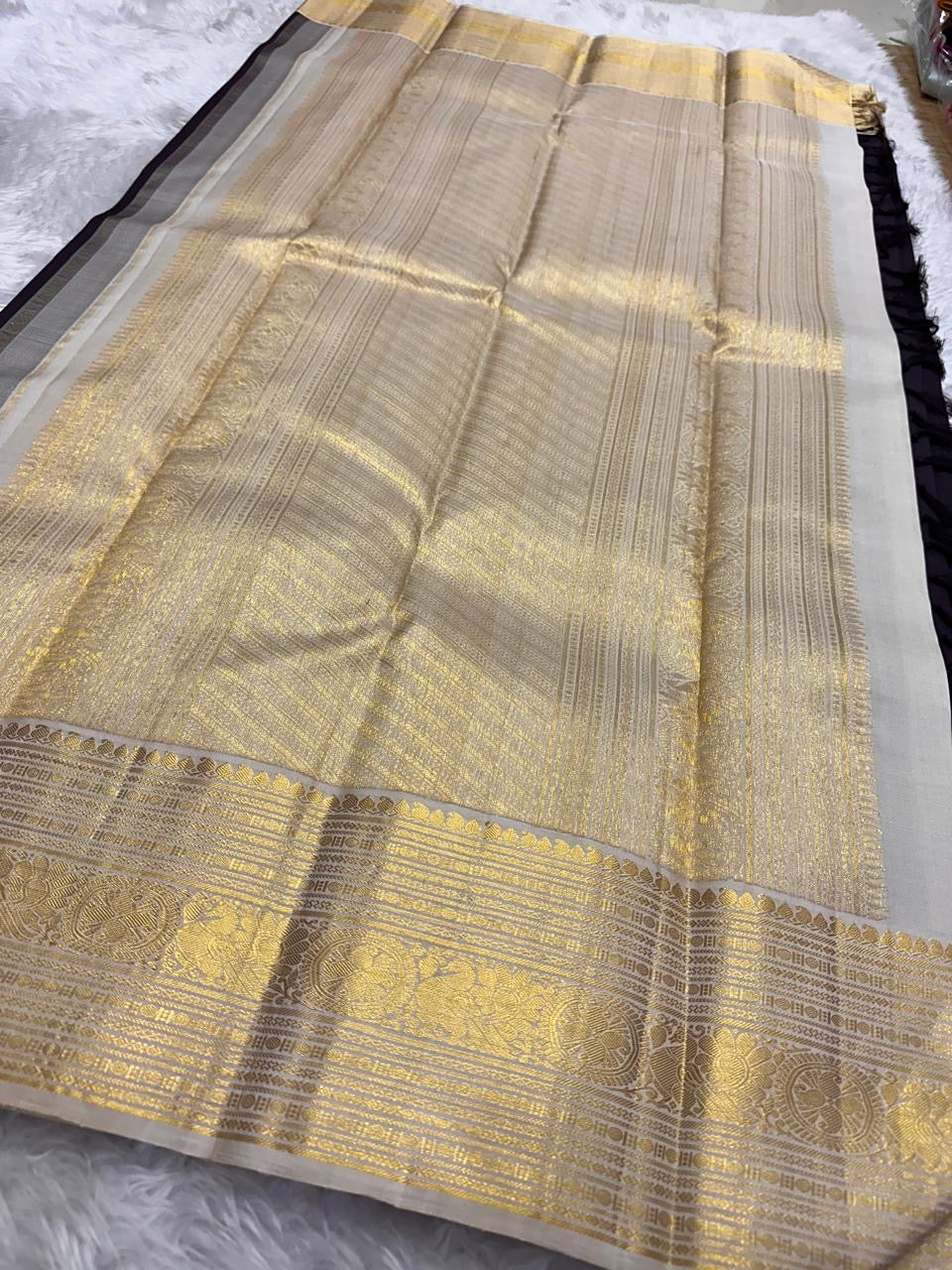 Dark Kanchana Purple Handwoven Pure Silk Kanjivaram Saree with Maanga Butta and Cream Gold Zari Border