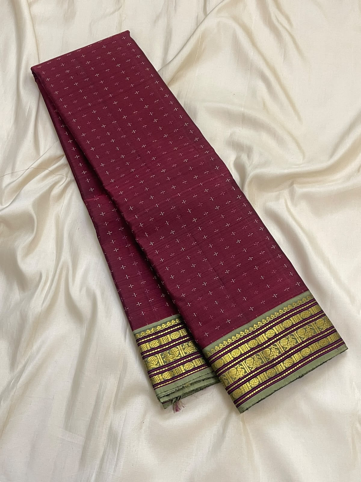 Deep Arakku and sage grey Kanchipuram vintage butta saree with Varisaipet border