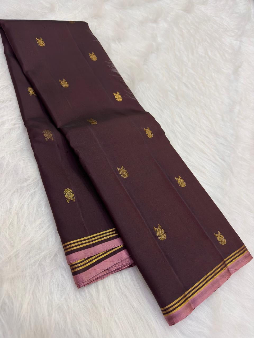 Deep Cocoa Brown handwoven pure silk Kancheepuram Butta saree — full saree overview — Idam Living