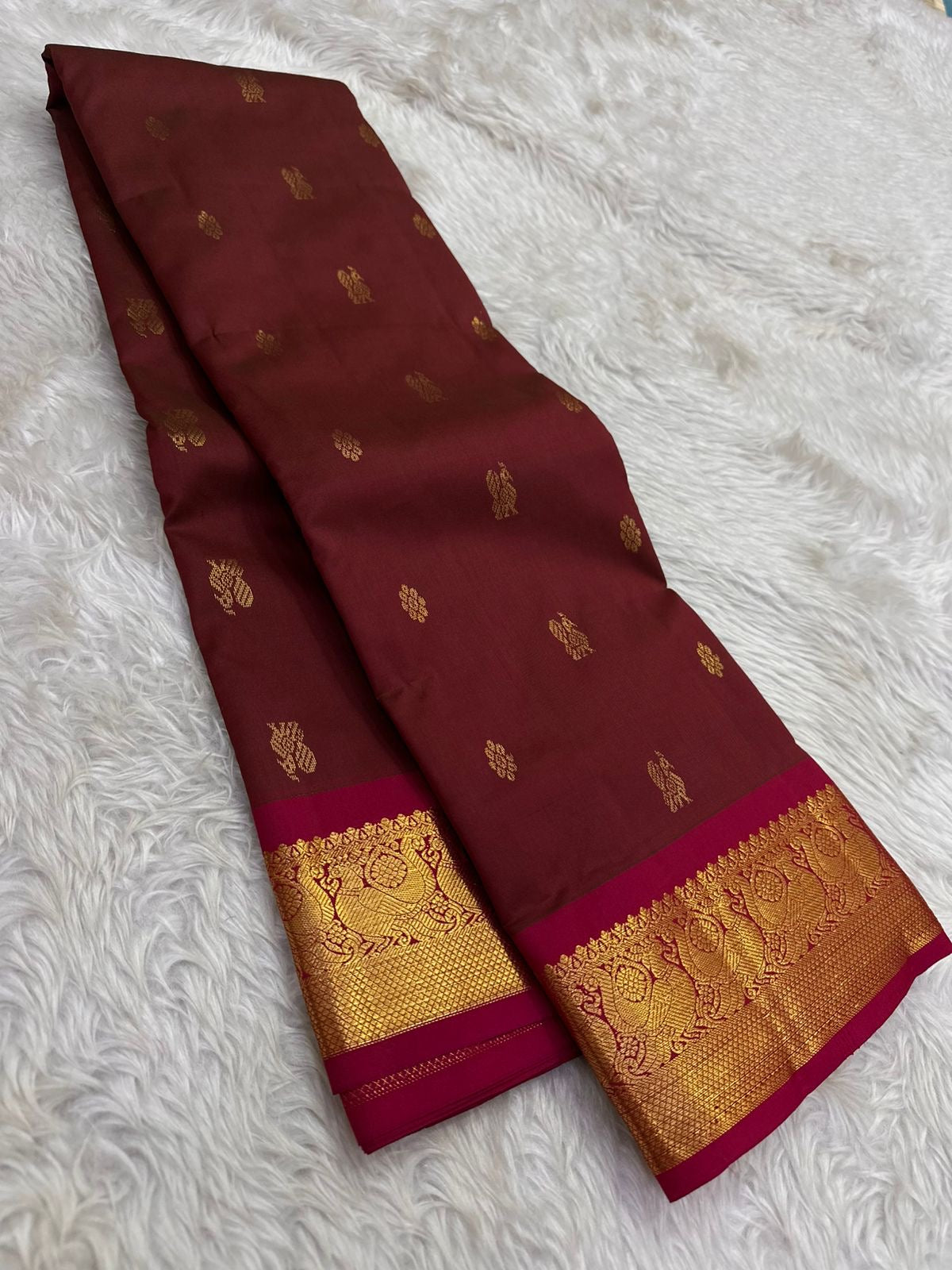 Deep Maroon Handwoven Pure Silk Kanjivaram Saree with Kili Butta