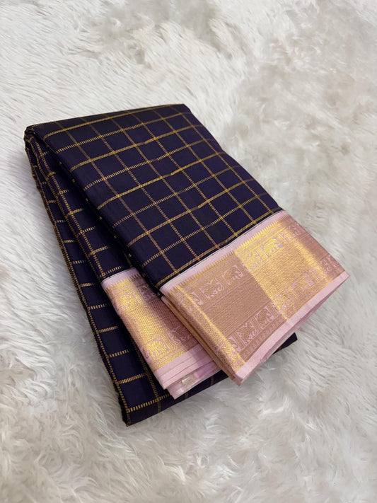 Deep Navy and Blush Pink Handwoven Pure Silk Kanchipuram Saree with Zari Kattam Body