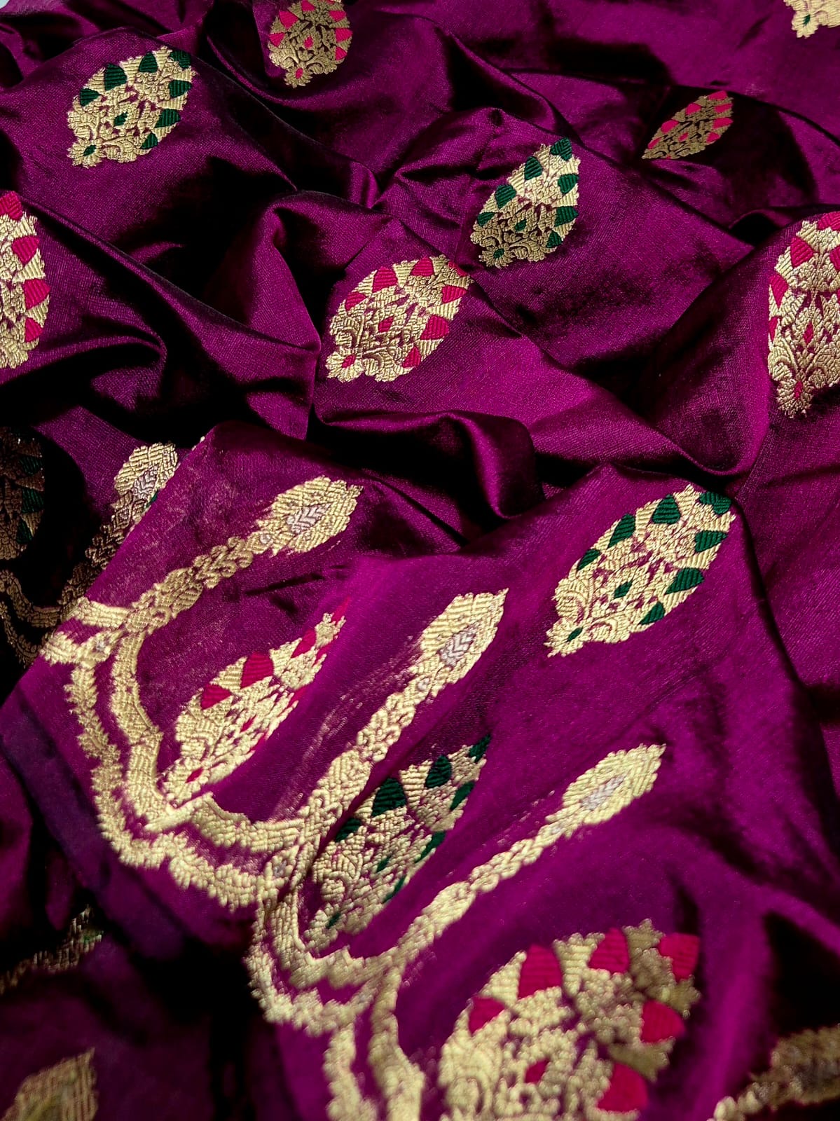Deep purple Pattu Silk Chanderi saree with multicolour motifs and softly reflective pallu