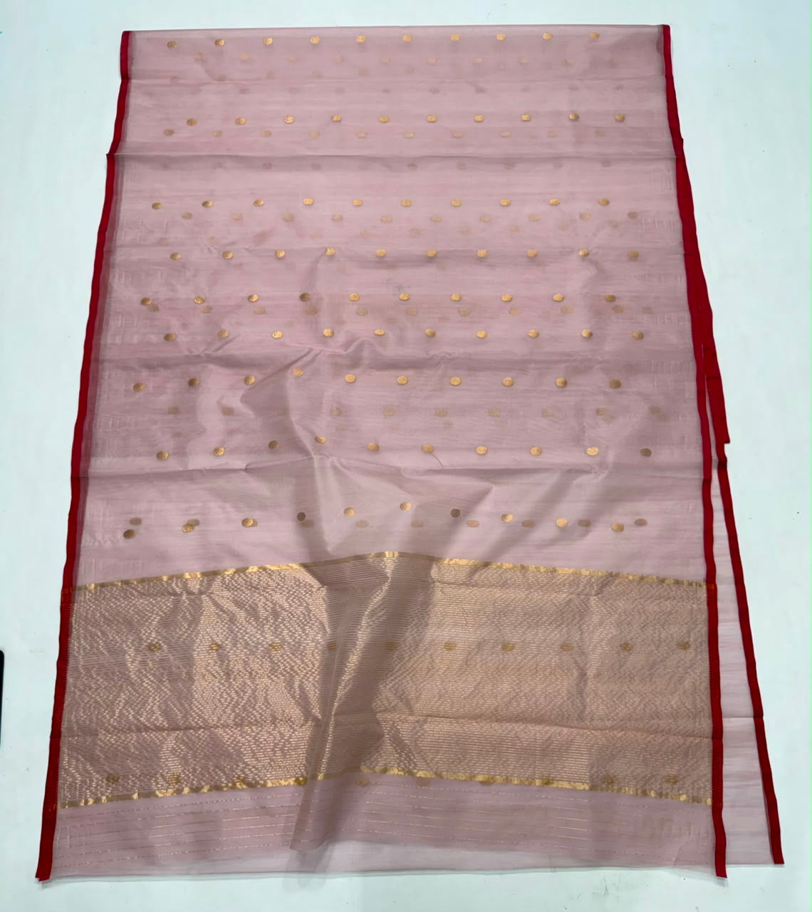 Full view of the Dusty Rose handloom Chanderi Katan Silk saree with red border and striped zari pallu