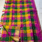 Pallavi – Kanchipuram Paalum pazhamum checks/ Zari kattam  Silk Saree in Turmeric, Mango, Leaf Green & Beetroot Pink Checks.
Finished with a vibrant magenta border and rich gold zari pallu.