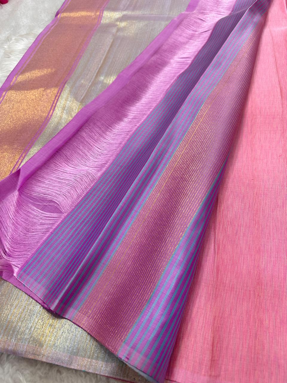 Blush pink  silk - pure silk Kanchipuram saree with gold and silver lightning motif purple and silver Pallu in a base of pink vairaoosi 💕truly special saree