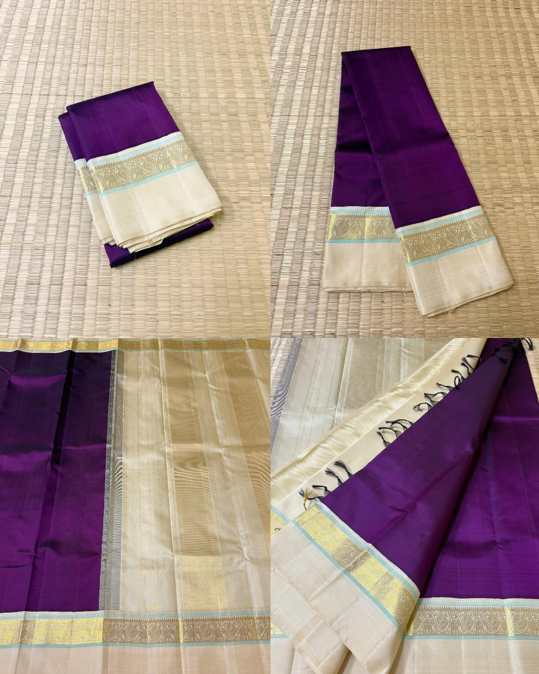 ilaa 💜✨ – Deep Purple & Royal Ivory Silk Saree
Exquisite deep purple paired with serene royal ivory accents.
Intricate 3G zari work with delicate turquoise silk thread highlights.
Vanasringaram-style border with Seer Pallu for traditional elegance.