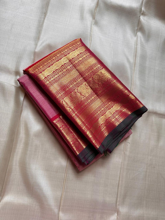 Rekha – Pink Zari kattam  Kanchipuram Pure Silk Saree with woven Zari Buttas & Maroon-red varisaipet Border