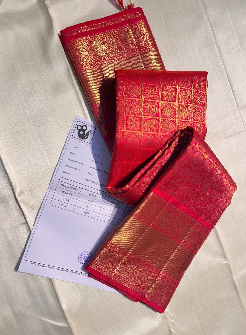 Ruby Grid – Pure Kanchipuram Silk Saree with Pure 4G Zari Kattam
bridal red body woven with luminous pure zari checks ✨
kattam tiles filled with lotus, paisley & chakra buttas 🌸
pure zari border and pallu, Silk Mark Certified, delivery in 2 weeks