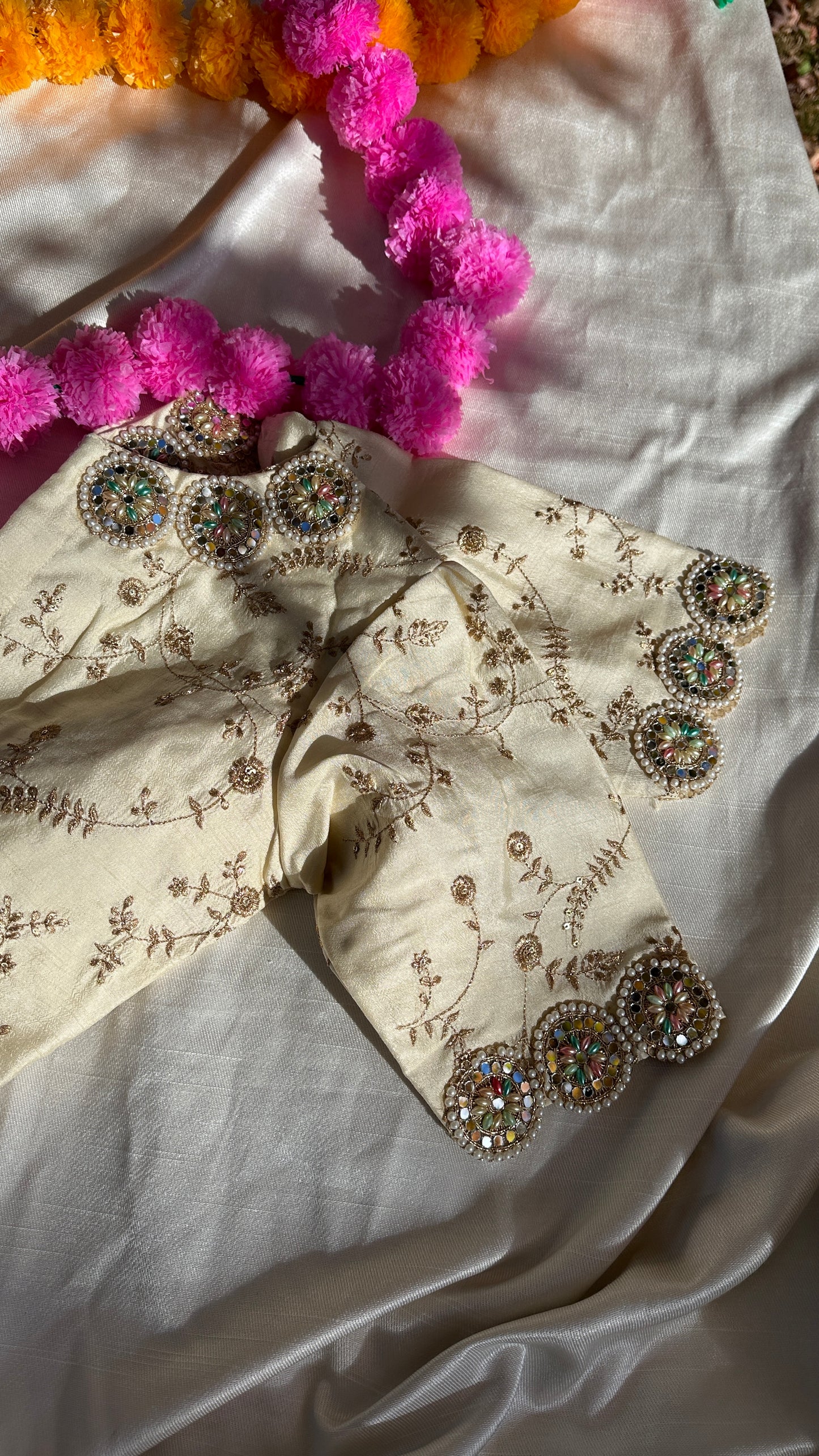 Gold embroidery blouse - all over embroidery with circle scallop pear and mirror work