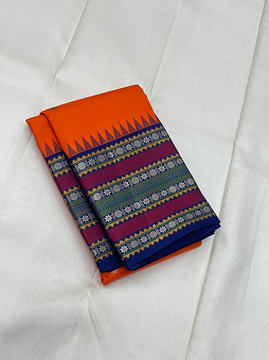 Orange Pillayar Moggu Varisaipet ✨ – Pure Kanchipuram Silk Saree with Temple Border & Varisaipet Stripe Pallu – Silk Mark Certified, Fall & Pico Done, Blouse Stitching Available, free shipping, silk mark certified, ships in two weeks