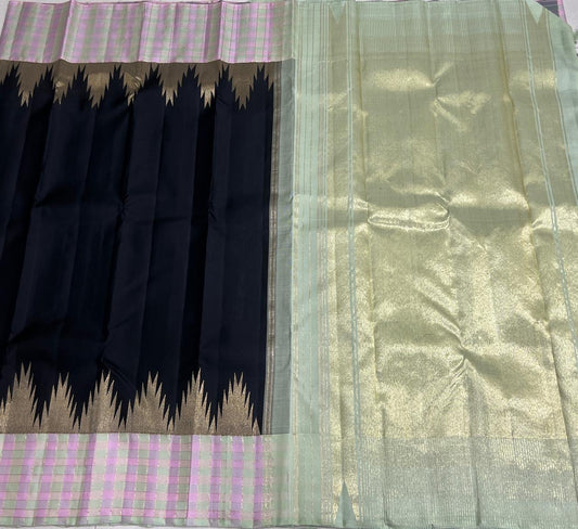 Pure Kanchipuram Silk Saree – Pastel Mint with Spring Check Blouse and 3g Ettukol Weave