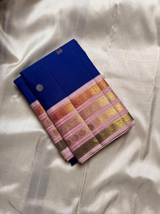 Vibrant royal deep blue with pastel pink varisaipet border and Pallu pure silk Kanchipuram saree