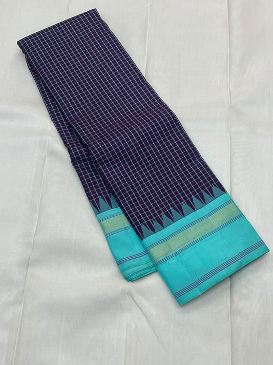 Pure Handwoven Kanchipuram Silk Saree – Deep Aubergine Body with Micro Checks
Contrasting Aqua Blue Korvai Borders with Temple Motifs & silk thread  Stripes
Elegant Striped Aqua seer Pallu
Silk Mark Certified ✅ ships in 2 weeks.
