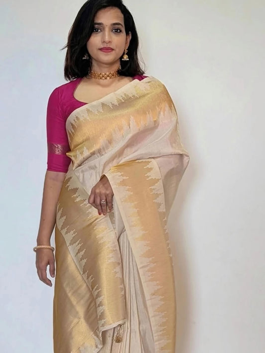 Ivory Glow ✨ – Soft Banarasi Silk Saree
Elegant Ivory Body with Lustrous Sheen
Gold Zari Lightning Border for Festive Radiance
Onam Special Edition – Traditional & Timeless
Silk Mark Certified | Free USA Shipping | Ready to Ship