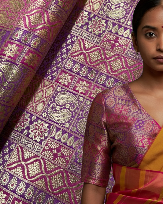 Multicolored Banarasi Blouses — Made to Measure
Pure Silk Banarasi fabrics in rare rainbow shades, tailored to your fit.
Free Shipping within USA • DM with measurements and screenshot of fabric • Ships in Two–Three Weeks ✨