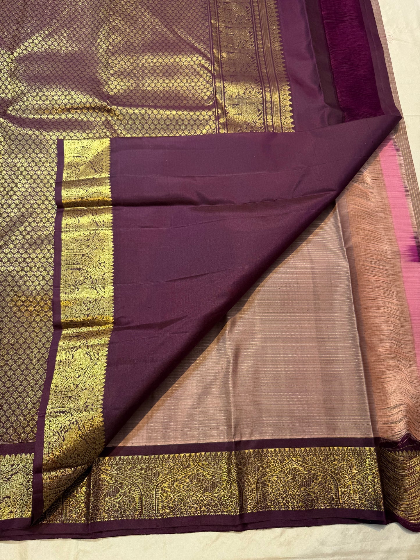 Deep plum korvai border with vanasringaram gold zari on chikoo Kanchipuram saree — Idam Living