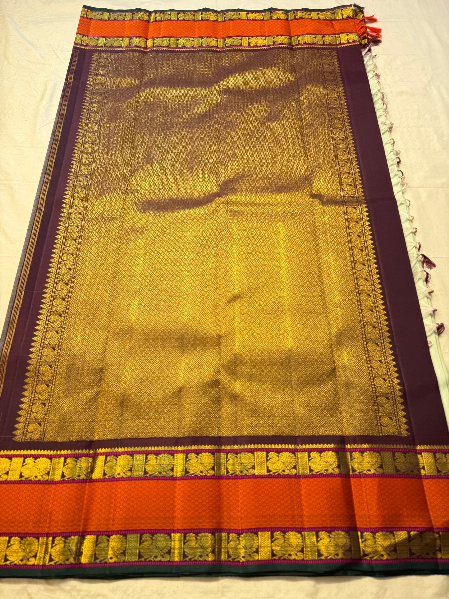 Pure Kanjivaram Silk Saree • Rettapet Yaanai Border • Pistachio Green with Rust Orange