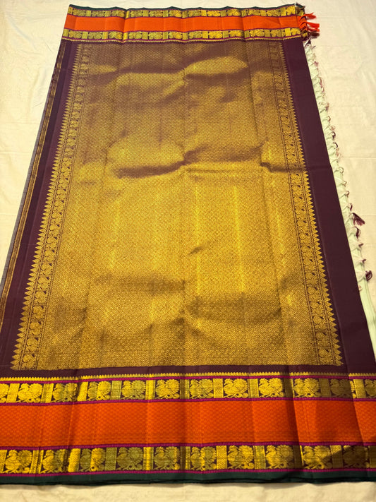 Pure Kanjivaram Silk Saree • Rettapet Yaanai Border • Pistachio Green with Rust Orange