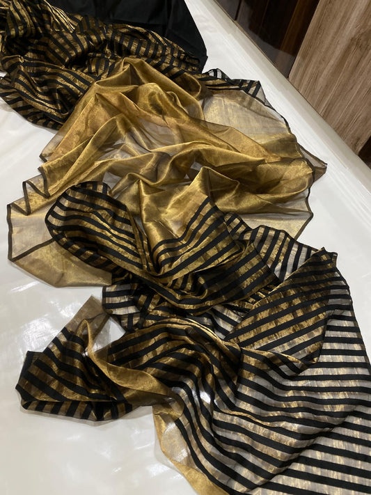 Black chanderi beauty adorned with gold zari pure chanderi tissue silk saree