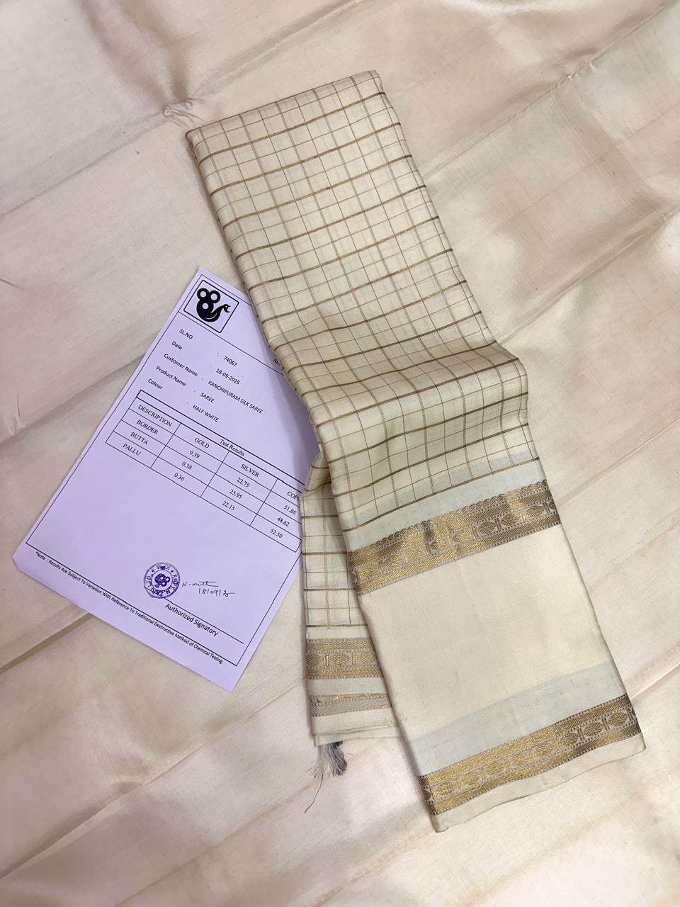 Swarna Kattam — Pure Silk Kanchipuram Saree
Ivory–gold body with zari kattam checks & rich pallu ✨
Silk Mark Certified • Ships in Two Weeks • Free Shipping within USA