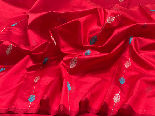 Ruby crimson Pattu Silk Chanderi saree with turquoise and pale-gold butis