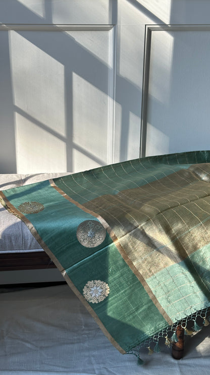 Pure silk kaduva Benares sarees “Raw mango” style - pastel green checked